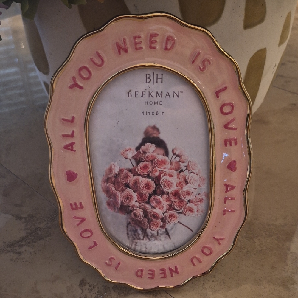 Neiman Marcus Pink Oval 'All You Need Is Love' Photo Frame with Gold Trim